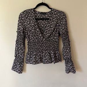 V-neck Floral Peplum Smocked Blouse